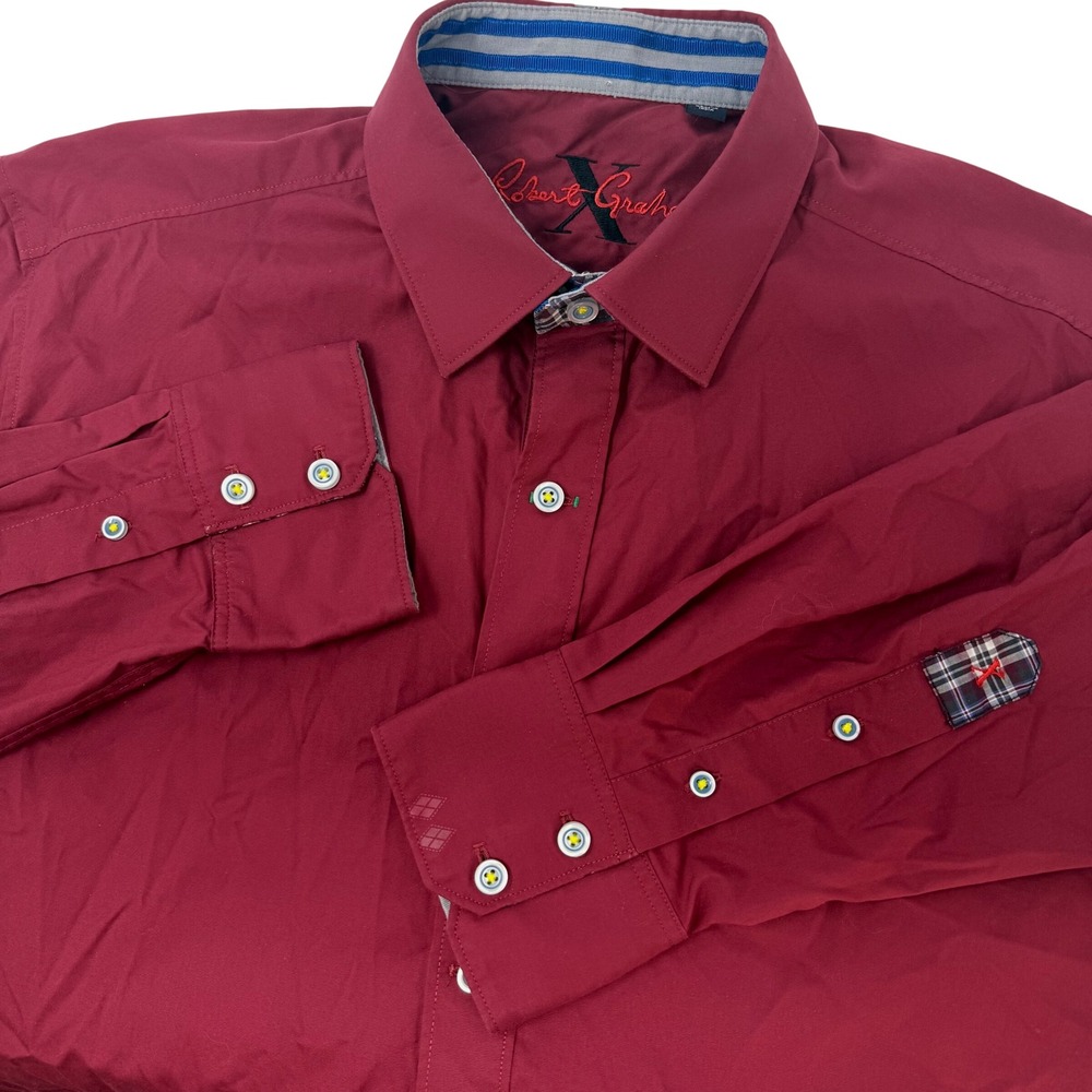 Robert Graham Mens Large Burgundy Red Button Down Shirt Long Sleeve Cotton Plaid